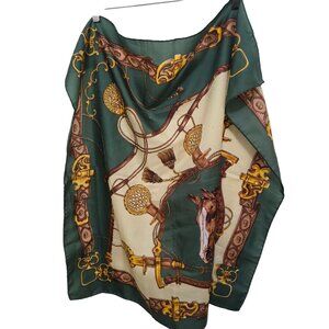 Vintage J.S. Germain Equestrian Print Green & Gold Silk Scarf Size 30x30